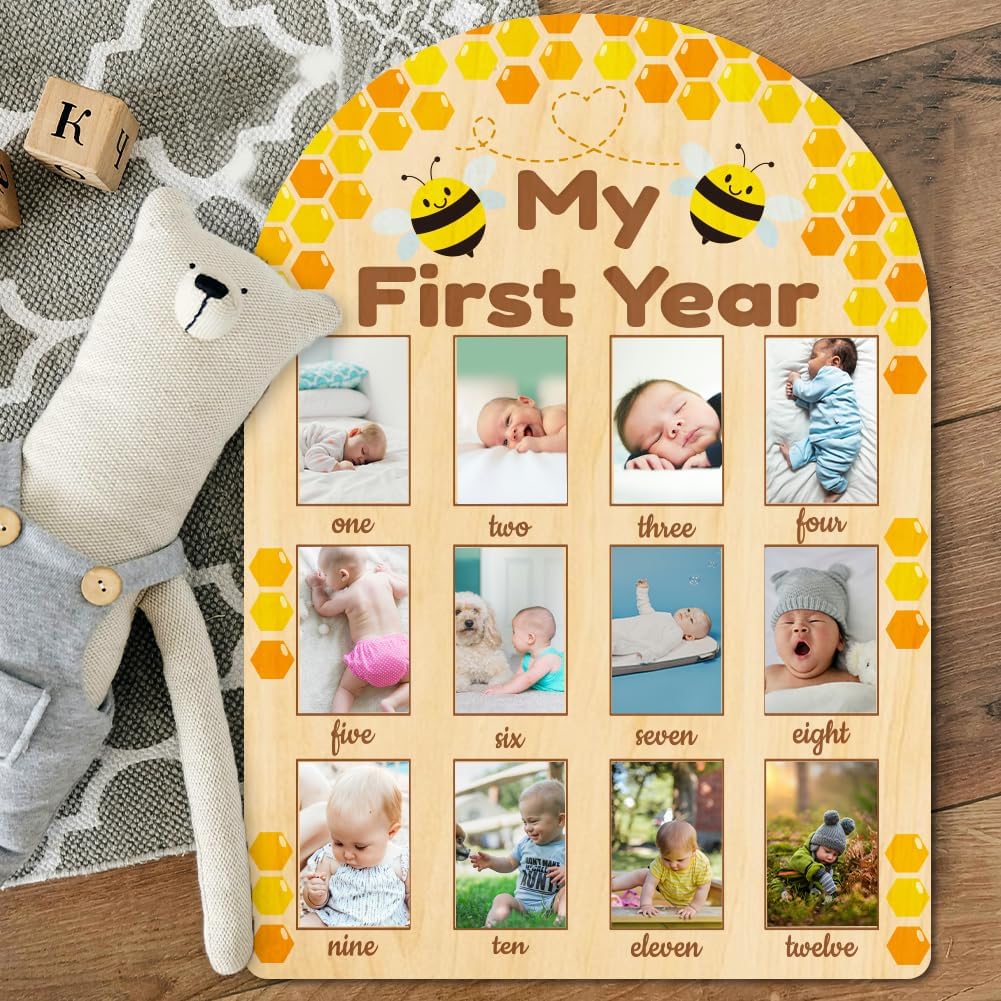 ORIGACH My First Year Baby Growth Photo Display Wood Board - 12 Months Newborn Milestones Photo Board - Neutral Baby Keepsake Board 1st Birthday Party Nursery Decor New Mom Gift - Bee