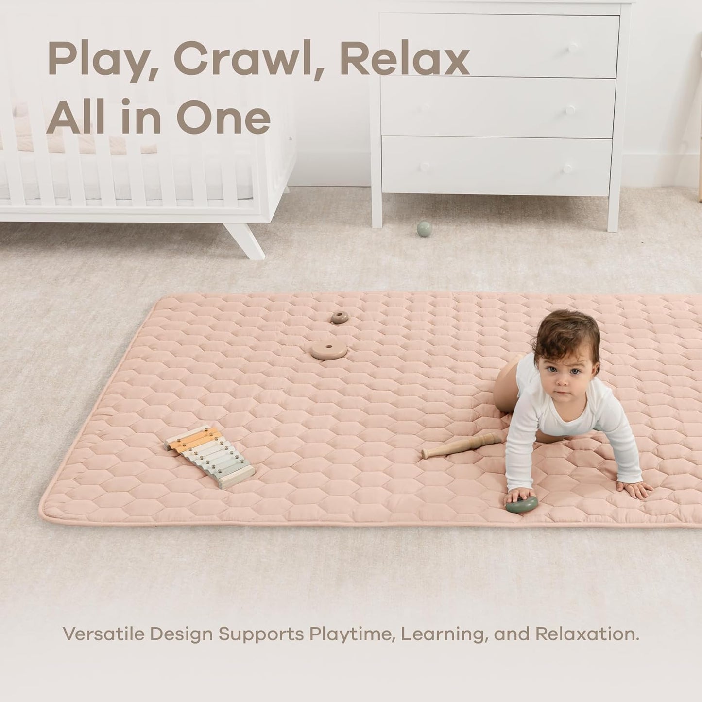 Comfy Cubs Rectangle Kids Play Mat - Medium 48 x 72 inches Soft Quilted Baby Floor Mat with Non-Slip Bottom - Plush Design for Toddlers Playtime and Relaxation - Comfortable and Durable - Blush
