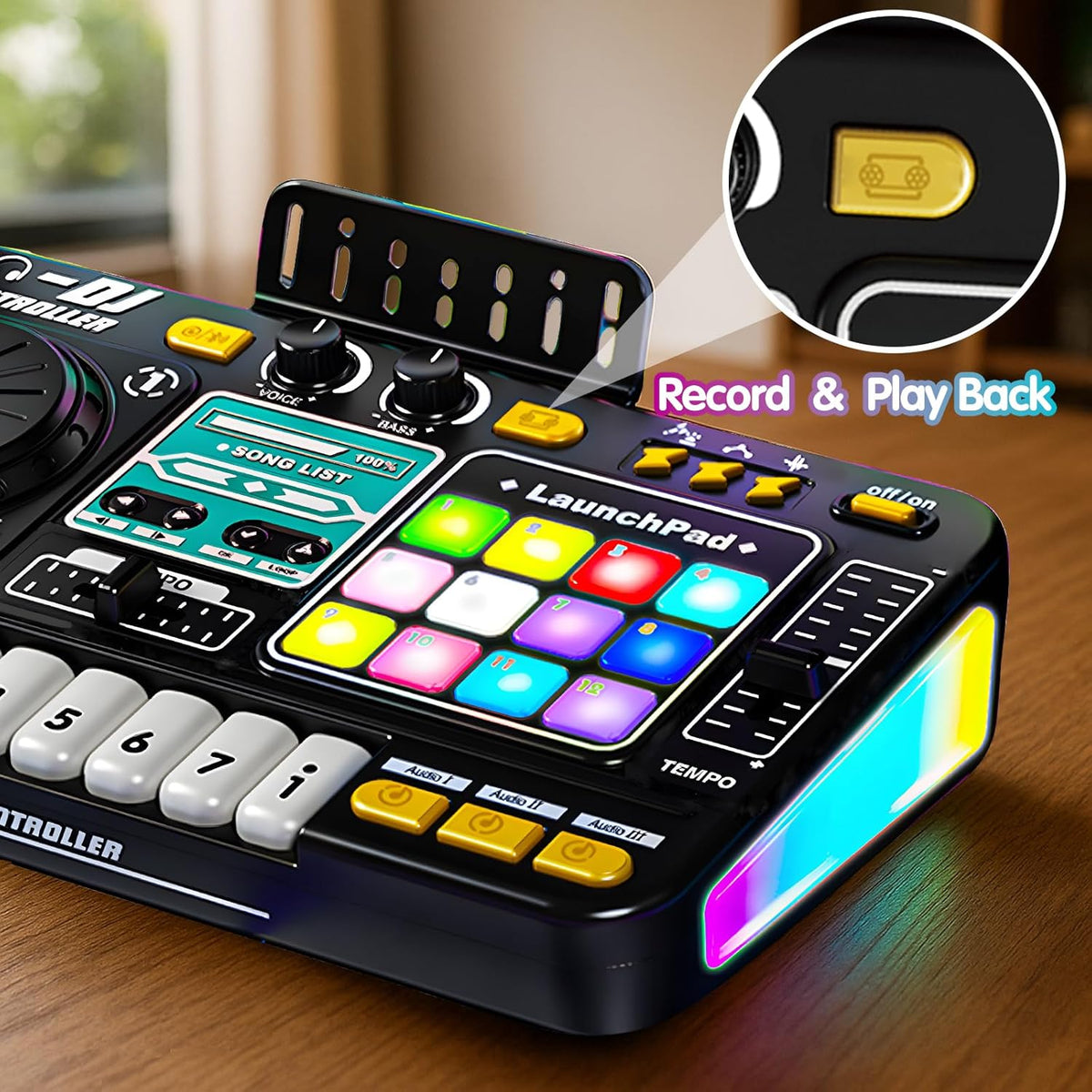 Kids DJ Mixer Controller Table Musical Toy Electronic Bluetooth Toy with LED Lights Sound Effect Microphone Piano DJ Board Key Musical Instruments Birthday Gift Toys for 3 4 5 6 7 Year Old Boy Girl