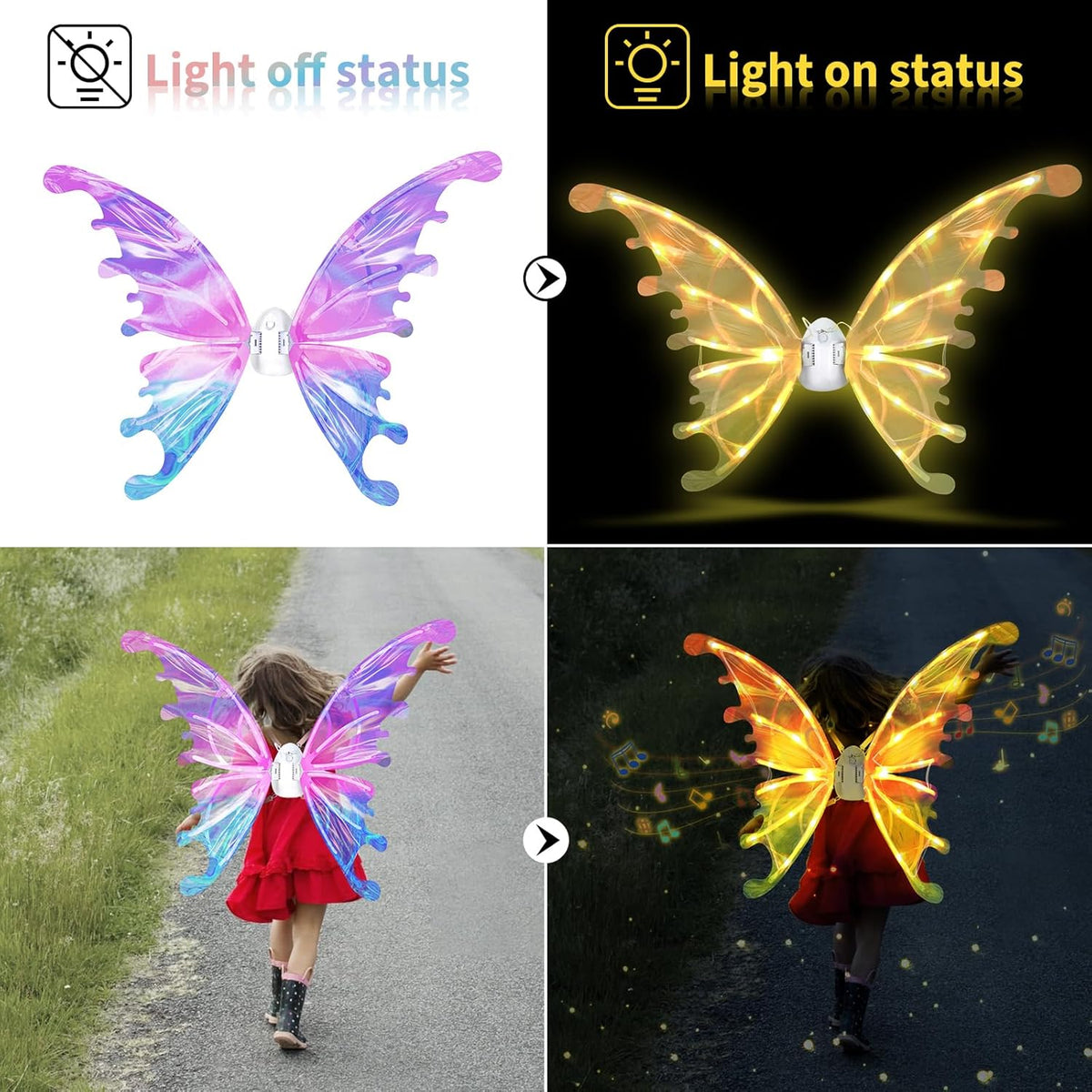 Electric Fairy Wings for Girls, Light Up Moving Butterfly Wings with LED Lights and Music, Toy for Kids as Halloween Valentine Birthday Christmas Party Costume Princess Cosplay Dress Up Gift