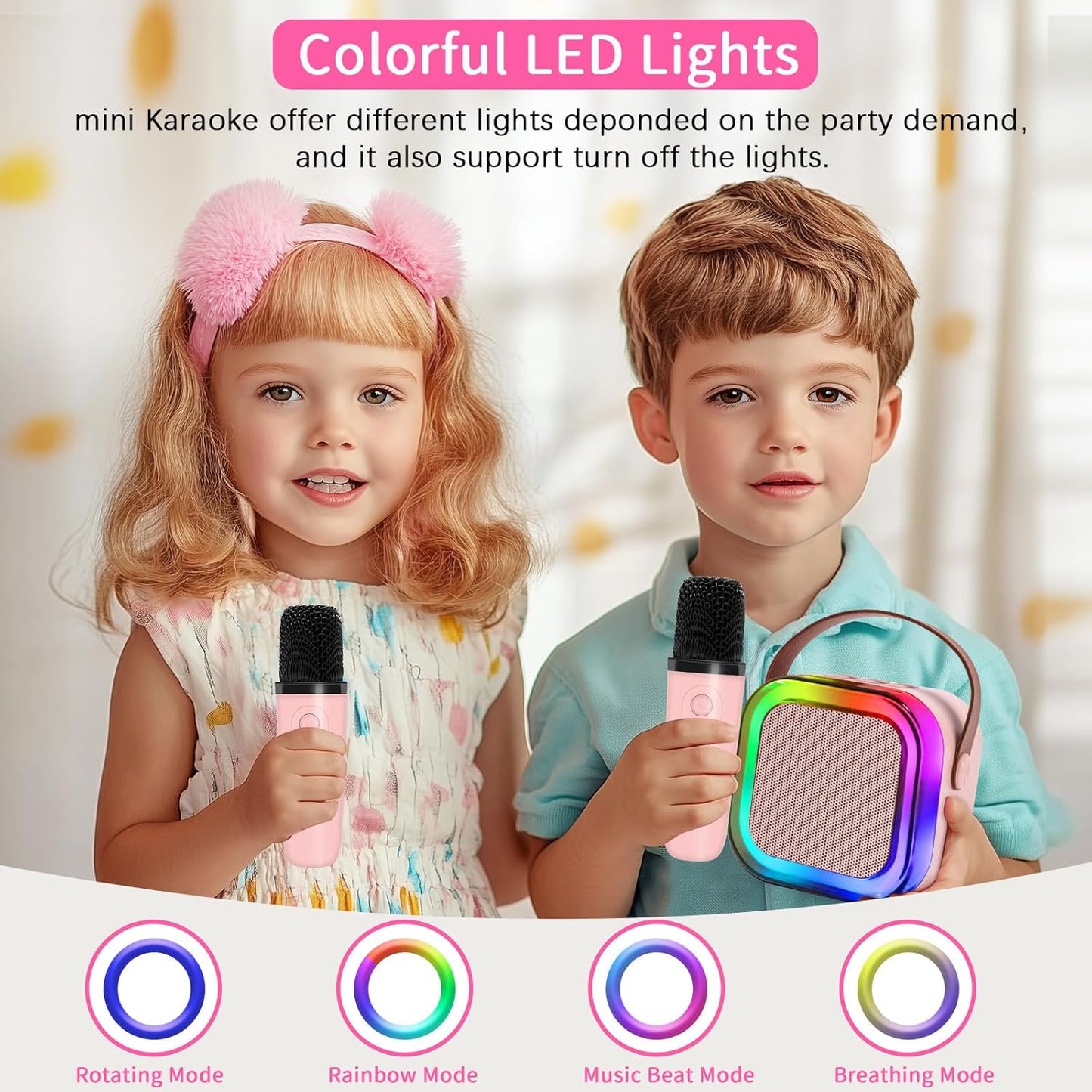 Mini Karaoke Machines for Kids, Girls Portable Karaoke Machine with 2 Microphones Speaker, 3 LED Disco Lights,5 Funny Sound, Gift for Boy Toddler Teen Adult Birthday Holiday Home Party
