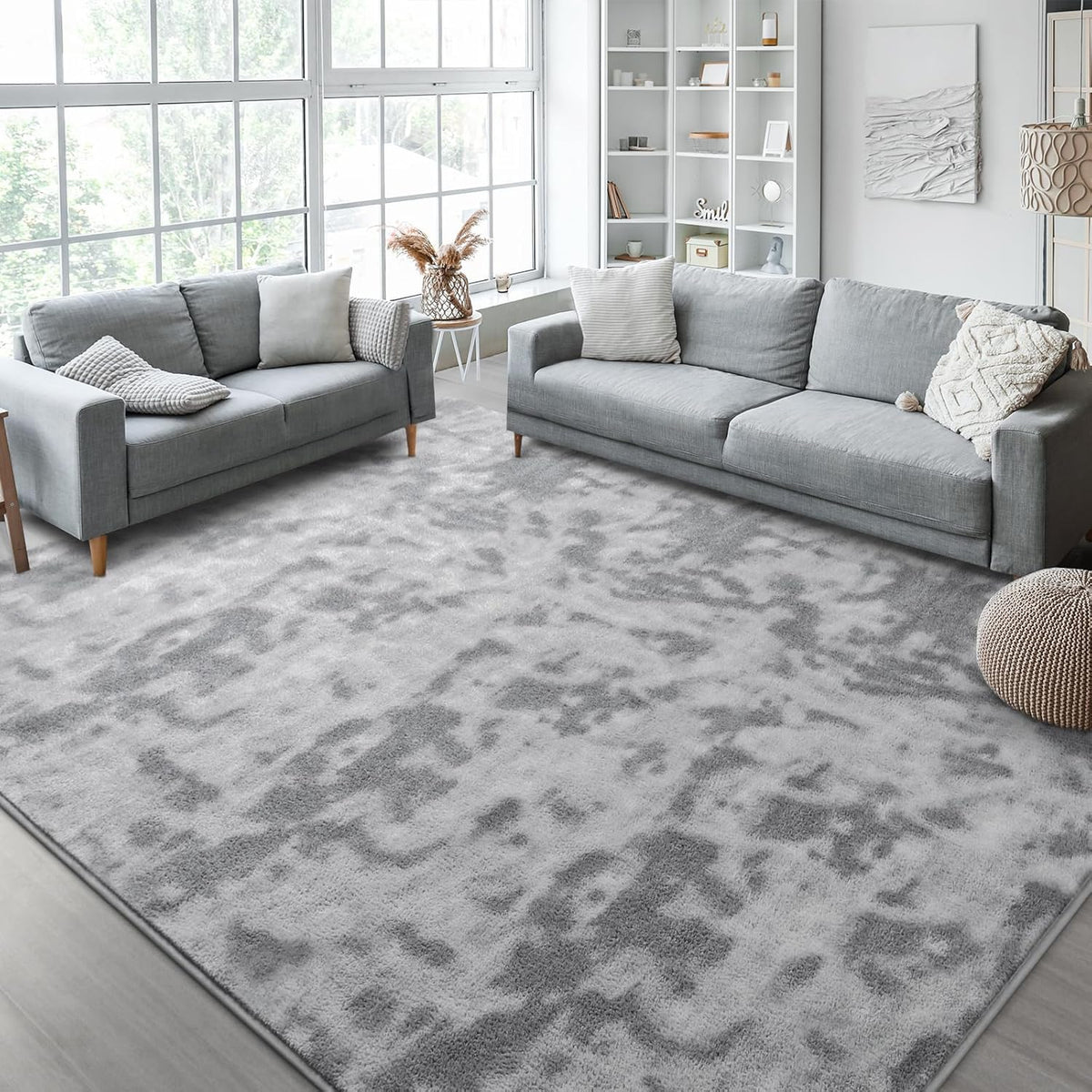 Kimicole 6x9 Washable Area Rugs for Living Room Bedroom, Large Low Pile Ulta-Thin Solid Color Rug, Non-Slip Soft Fluffy Carpet for Nursery Kids Room Dorm Room Home Decor (Light Grey)