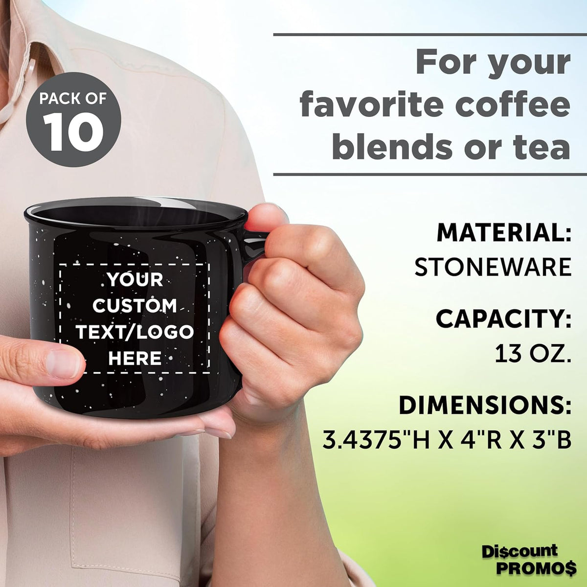 DISCOUNT PROMOS Custom Ceramic Campfire Coffee Mugs 13 oz. Set of 10, Personalized Bulk Pack - Perfect for Tea, Espresso, Cappuccino, Hot Cocoa - Black