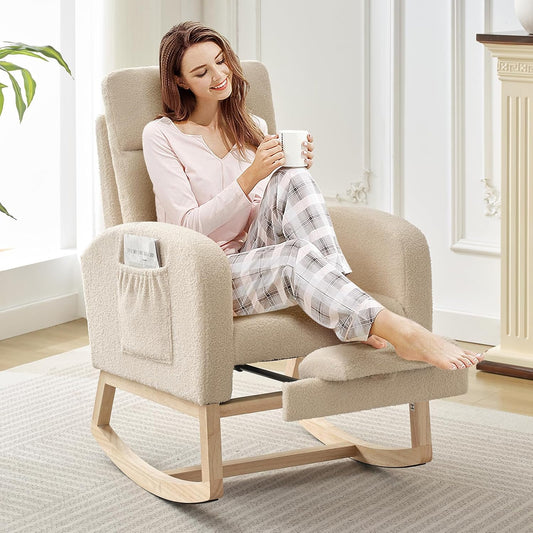 Rocking Chair Nursery, Nursing Rocking Chairs with Foot Rest for Mom Nursery, Rocker Glider Chair with High Backrest for Living Room, Bedroom, Upholstered Lounge Chair with Solid Wood Base for Relaxin