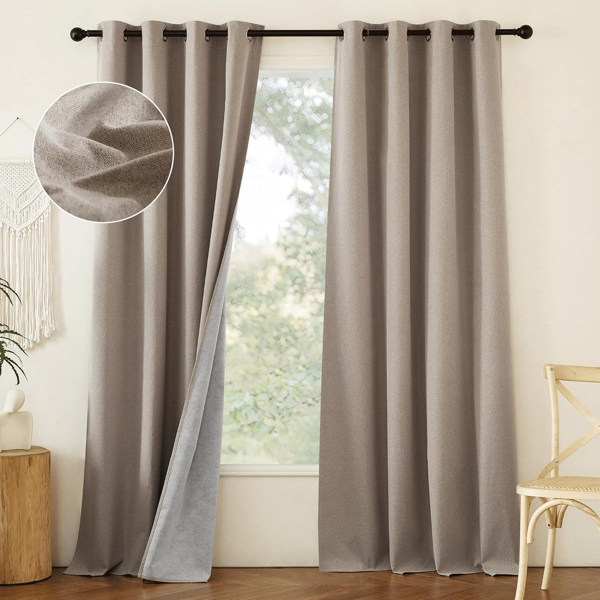 NICETOWN 100% Blackout Linen Faux Linen Curtains 95 inches Length for Dining Room, 2 Panels Set, 52" Wide, Farmhouse Style Room Cooling Window Draperies with Thermal Insulated Liners