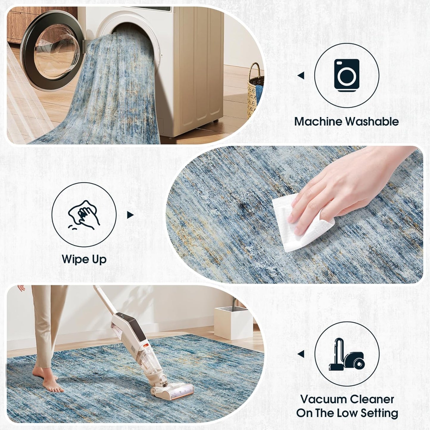 Area Rug 5x7 Living Room Rugs: Abstract Large Washable Rugs with Non-Slip Backing, Thin Carpet for Dining Room Table Bedroom Nursery Indoor Home Office-Blue/Brown