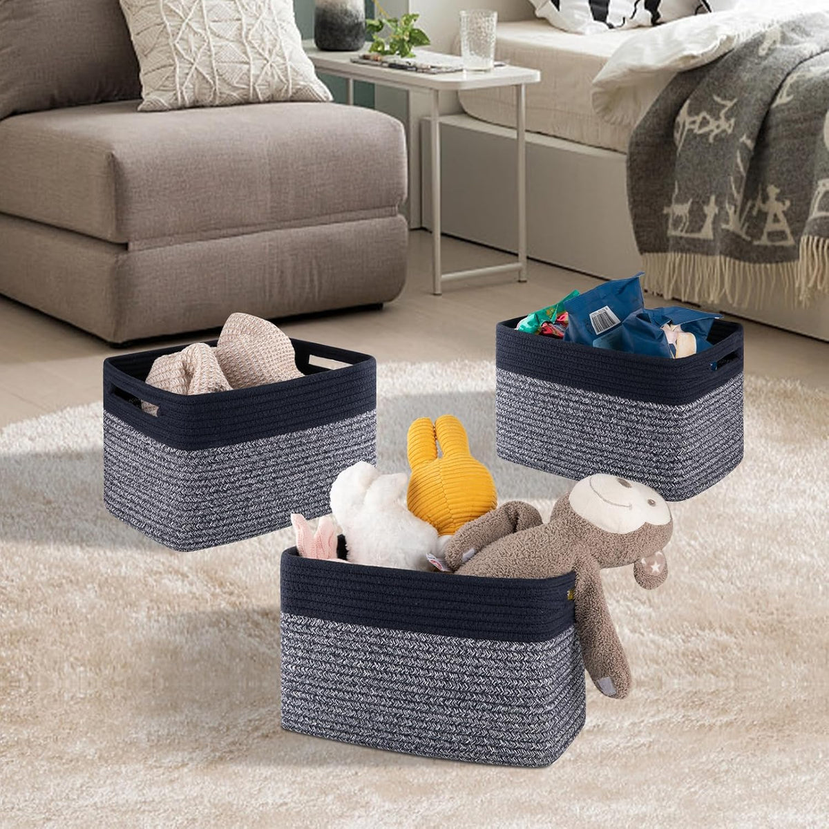 4 Pack Storage Baskets for Organizing, Woven Baskets for Shelves - Perfect for Toys, Books, Towels, and Clothes, Durable Gift Basket Bins Toy Storage, 13''L x9''W x7.8''H, Blue and Grey