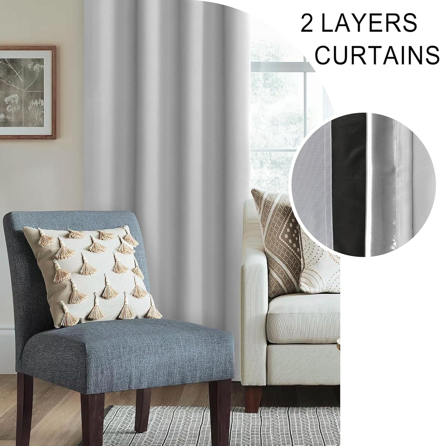 XWZO Full Shading Blackout Curtains 54 Inches Length with Tiebacks- Heat and Light Blocking Rod Pocket Window Drapes with Black Liner Backing for Bedroom/Kid's Room, Light Grey, W52 x L54, Set of 2