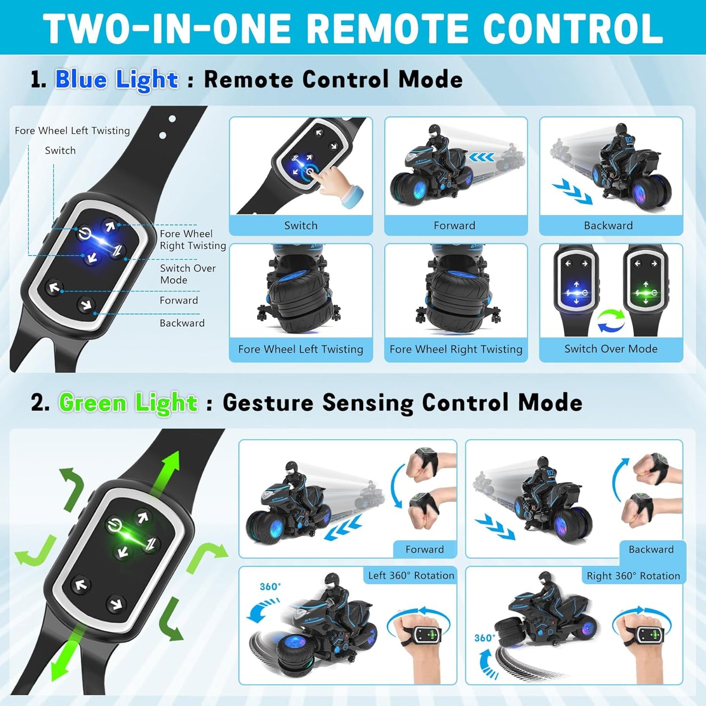 Eulogia Remote Control Motorcycle Toys New Upgraded RGB Wheels Lights, RC Motorbike with 2-in-1 Remote, Gesture Sensing Stunts Dirt Bike, 360° Rotating High Speed Motocross Car for Boys Girls Gift