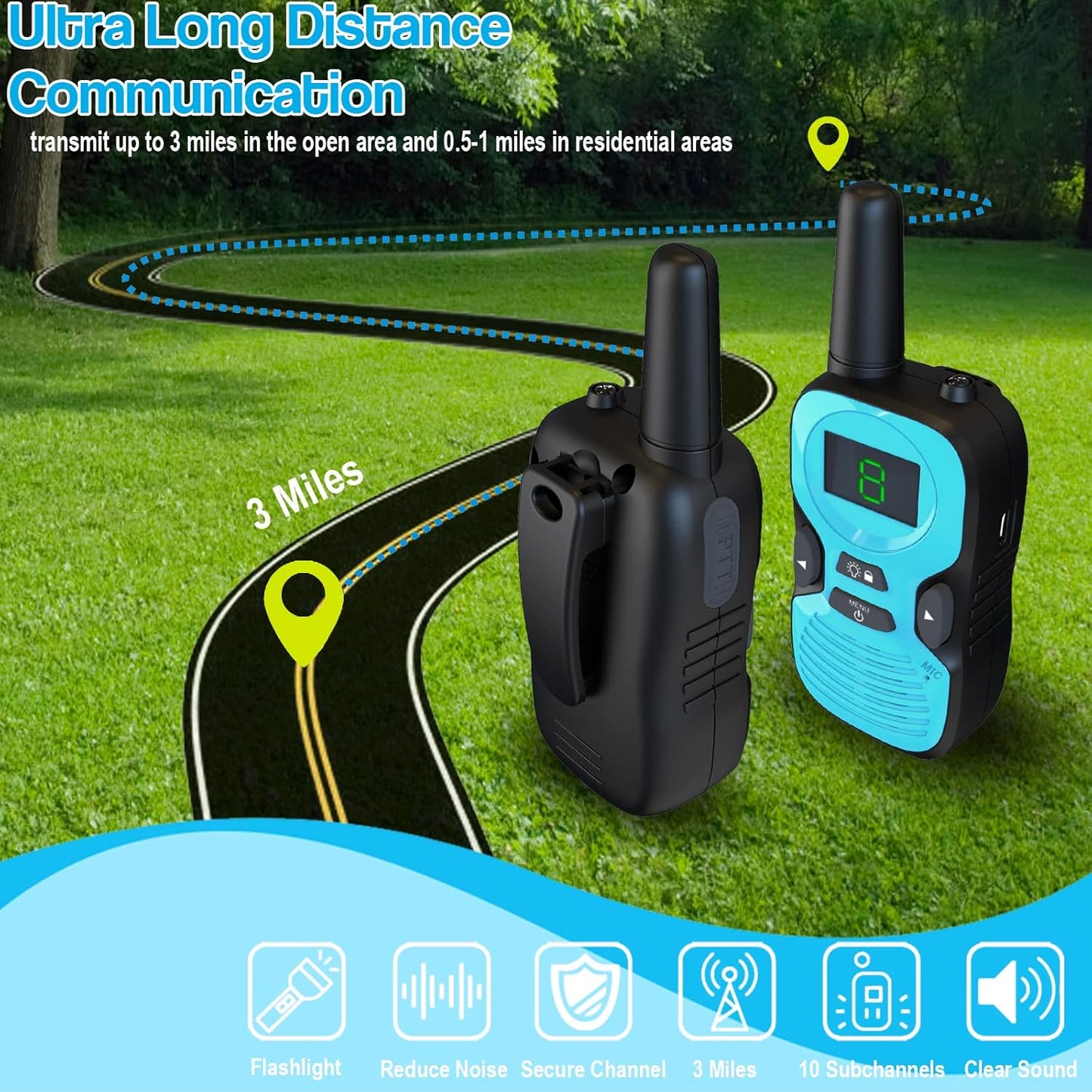 Walkie Talkies for Kids Rechargeable 3 Pack - Long Range Kid Walkie Talkie for Camping Hiking Outdoor - Walkie-Talkies Walky Talky for Kids - Toys and Gifts for 3-12 Year Old Boys Girls