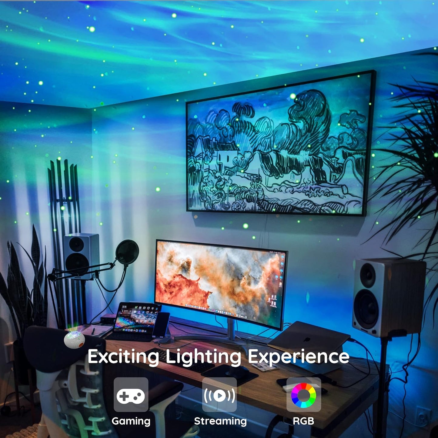 Lumoonosity Aurora Light Projector - Northern Lights Projector with 13 Colors, Aurora, Milky Way 2in1 Effect with Relaxing White Noises- Aurora Borealis Light Projector for Bedroom, Teens Room Decor