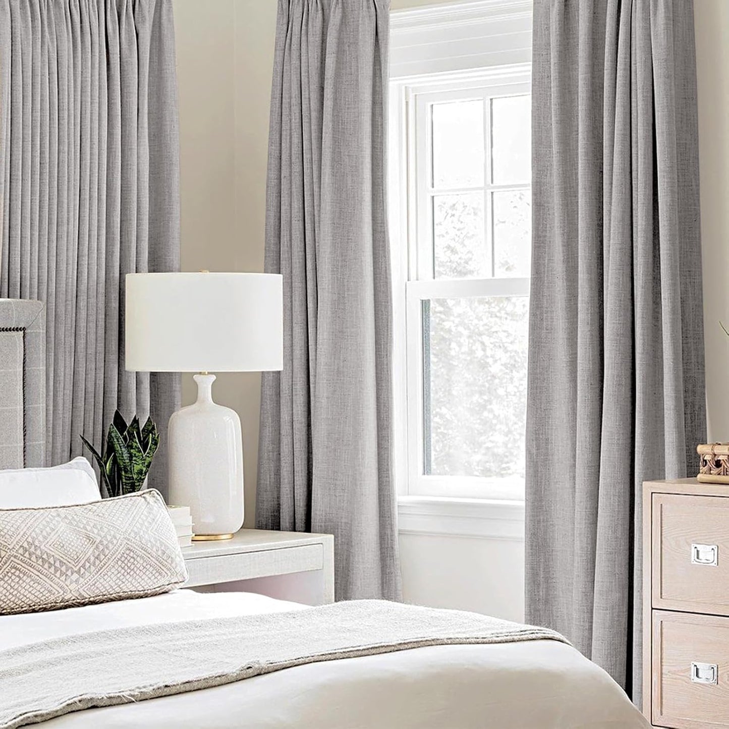 MIULEE Linen Texture Curtains for Bedroom Solid 100% Blackout Thermal Insulated Greyish White Curtains Grommet Room Darkening Drapes for Living Room Nursery 52x45 Inch (2 Panels)