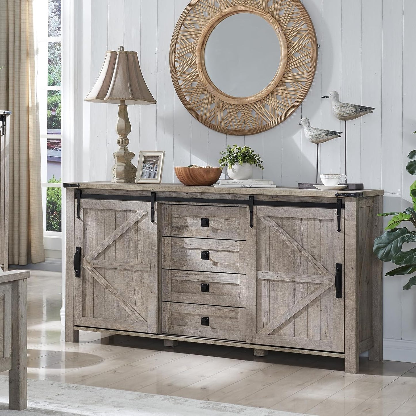 T4TREAM 60'' Farmhouse Dresser Chests for Bedroom w/4 Drawers & Sliding Barn Doors, Tall Chest of Drawers, Rustic Dresser TV Stand,Organizer for Bedroom, Living Room, Light Rustic Oak