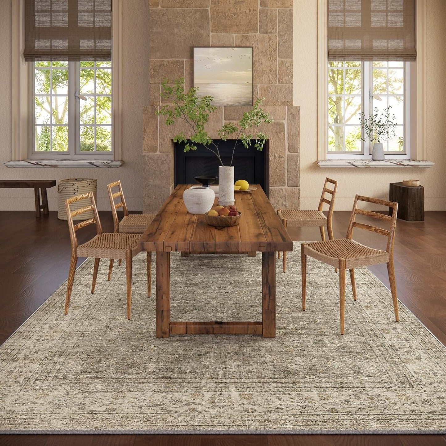 Machine Washable Rugs for Living Room: 6x9 Area Rugs for Bedroom Vintage Stain Resistant Non Slip Low Pile Lightweight Boho Carpet for Kitchen Dining Room Farmhouse Kids Room Nursery