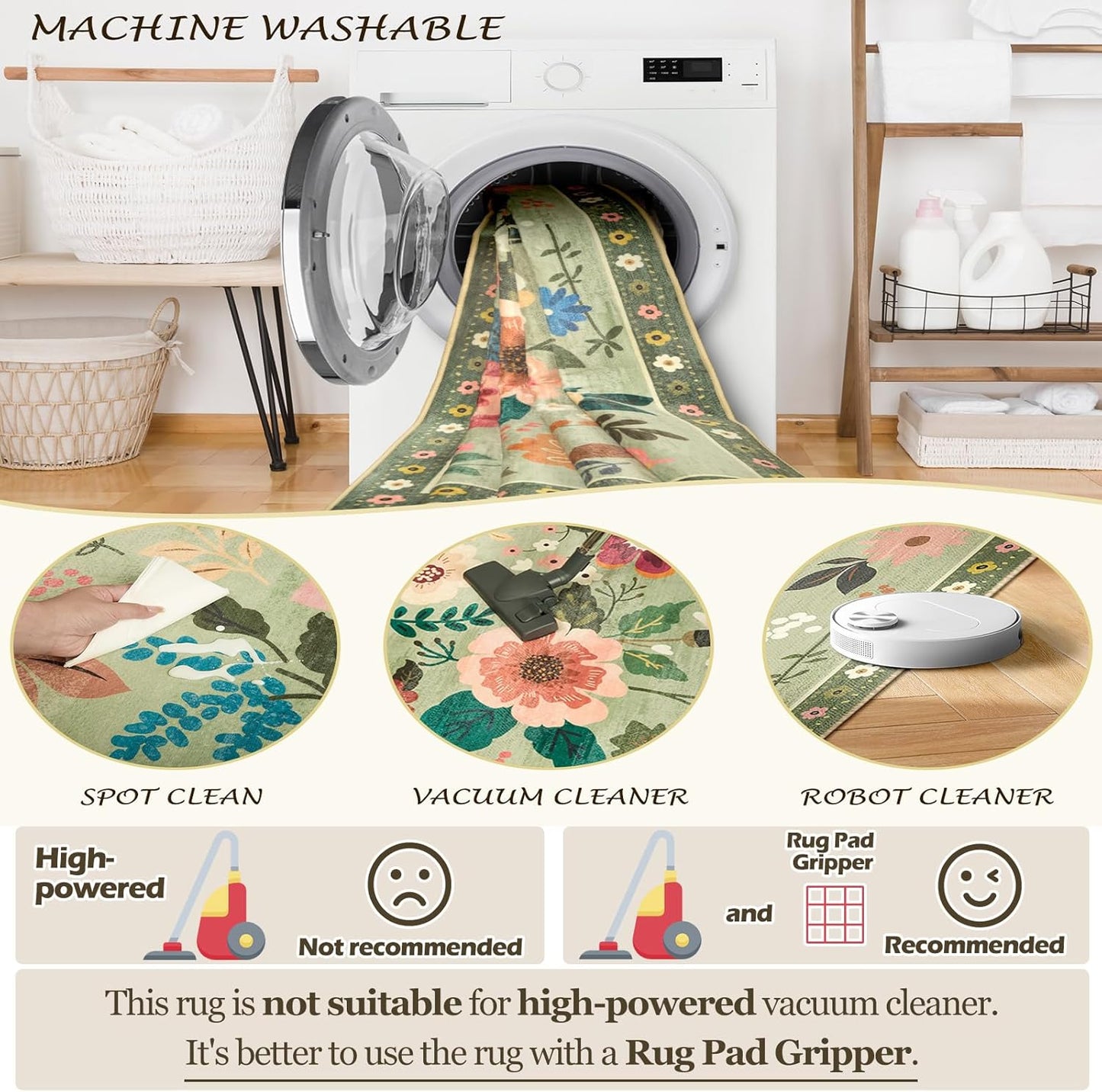 Floral 6ft Area Rug Machine Washable Soft Print Boho Carpet Non Slip Doormat Low Pile Flower Area Rugs for Living Room Bedroom Nursery Kitchen Dining Room Indoor-Light Green