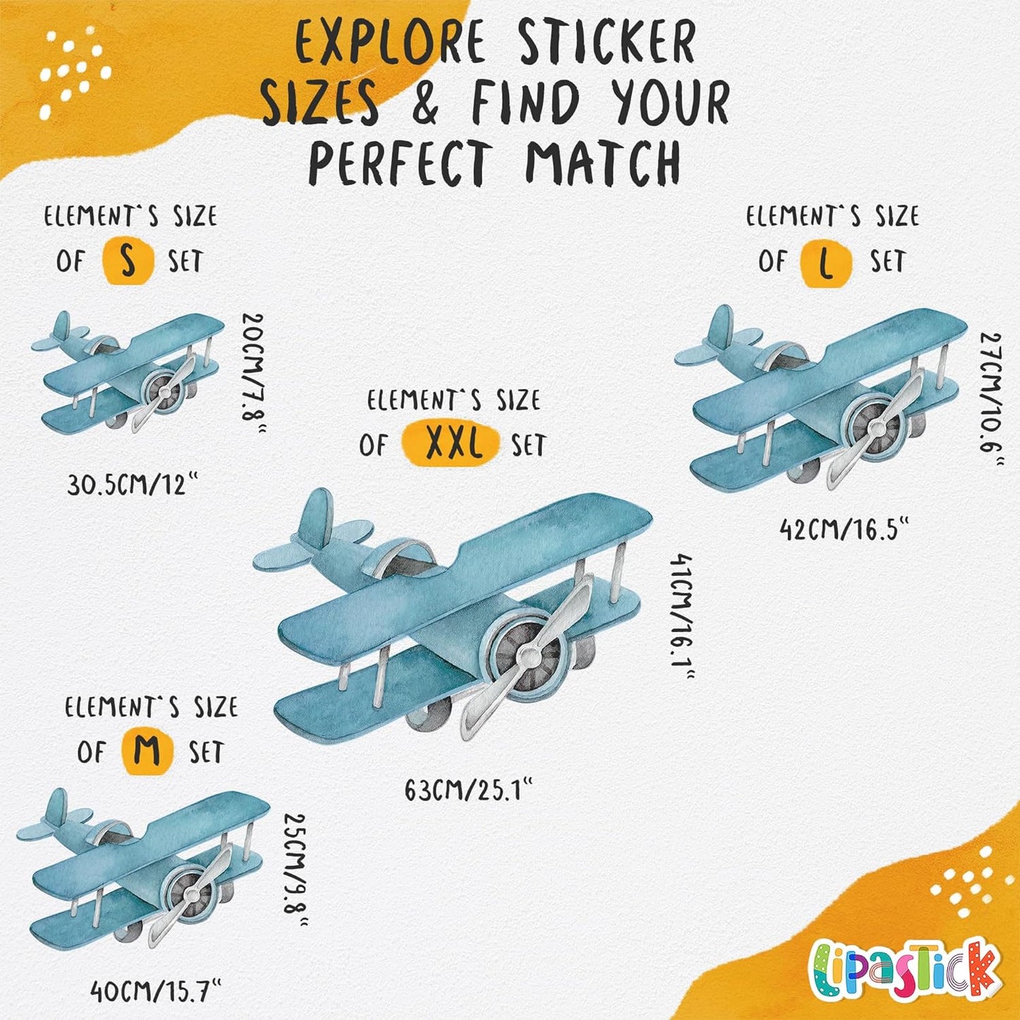 Airplane Wall Decals by Lipastick - 47-Piece Watercolor Vintage Plane Stickers for Kids, Boys Room, Baby Nursery, Toddler Bedroom Decor - Premium Vinyl Aircraft Art - L Size