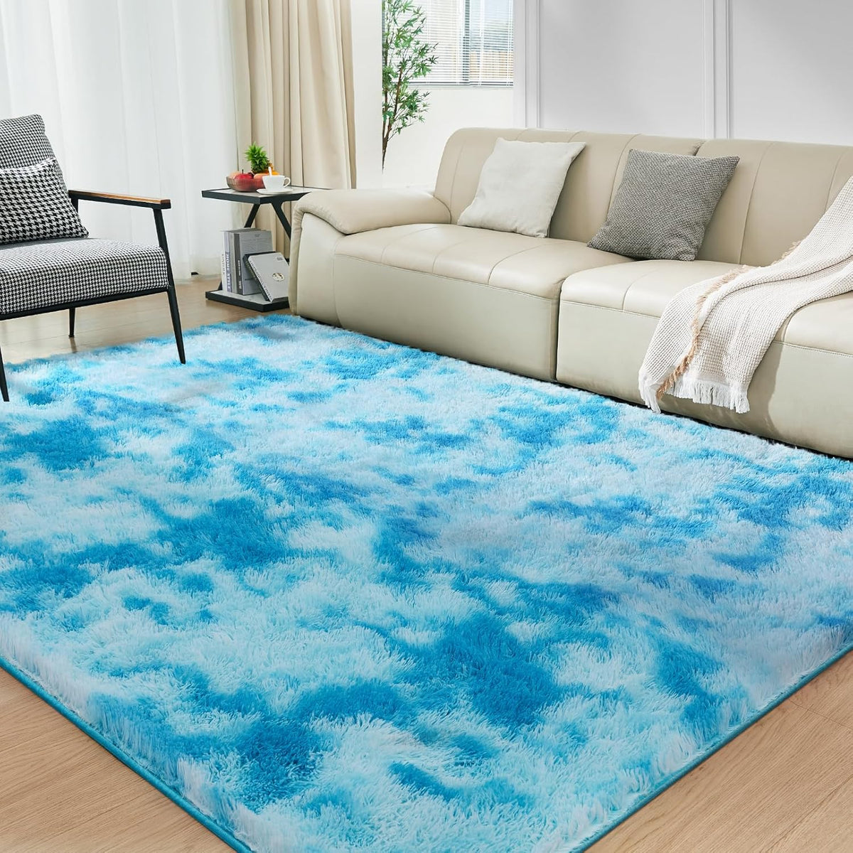 Ultra Soft Rug for Living Room, 4X6 Fluffy Shag Area Rug for Bedroom, Modern Shaggy Carpets Fuzzy Rug for Teens Dorm Nursery Home Decor Aesthetic, Upgrade Anti-Skid Durable, Tie-Dyed Blue