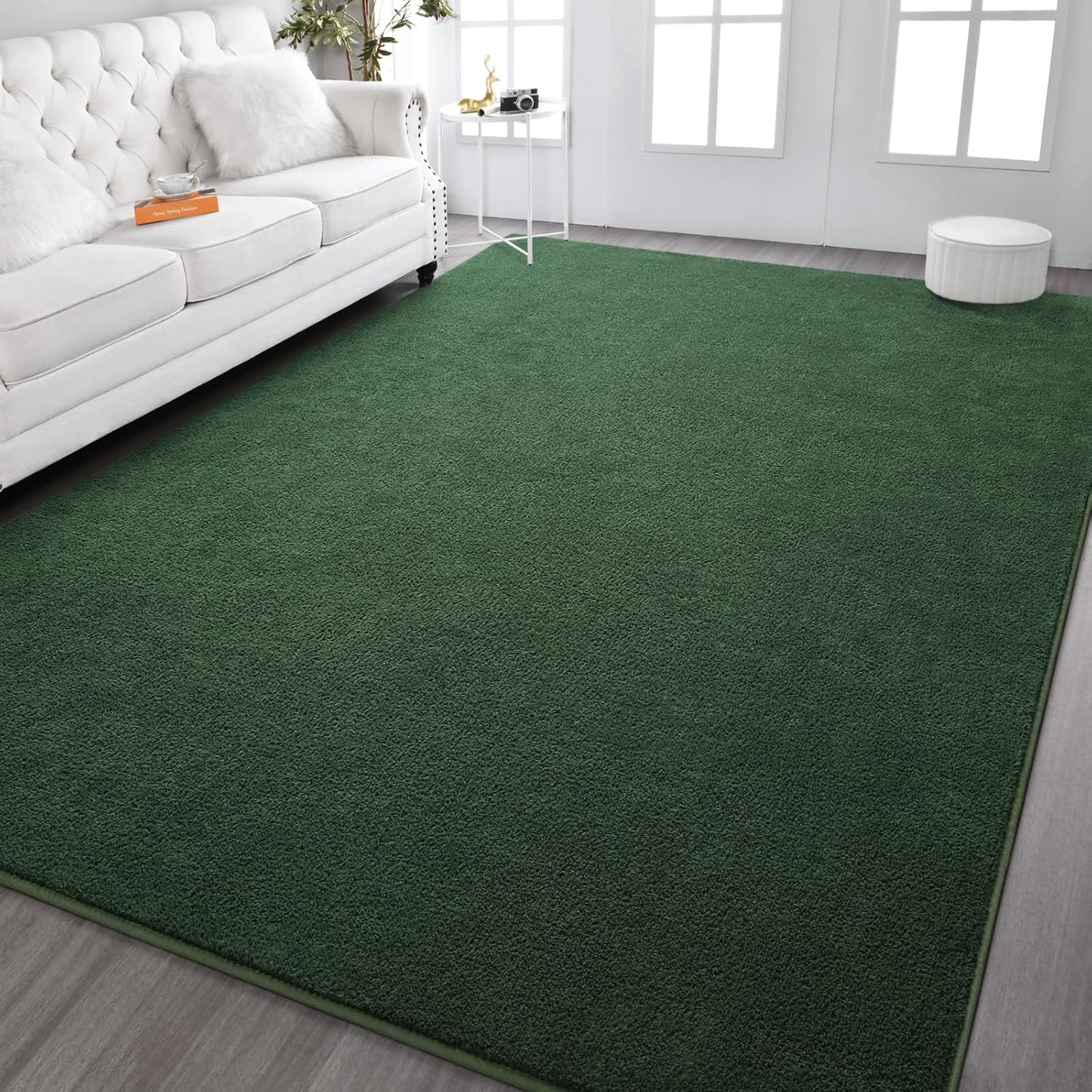 Kimicole 6x9 Washable Area Rugs for Living Room Bedroom, Large Low Pile Ulta-Thin Solid Color Rug, Non-Slip Soft Fluffy Carpet for Nursery Kids Room Dorm Room Home Decor (Dark Green)