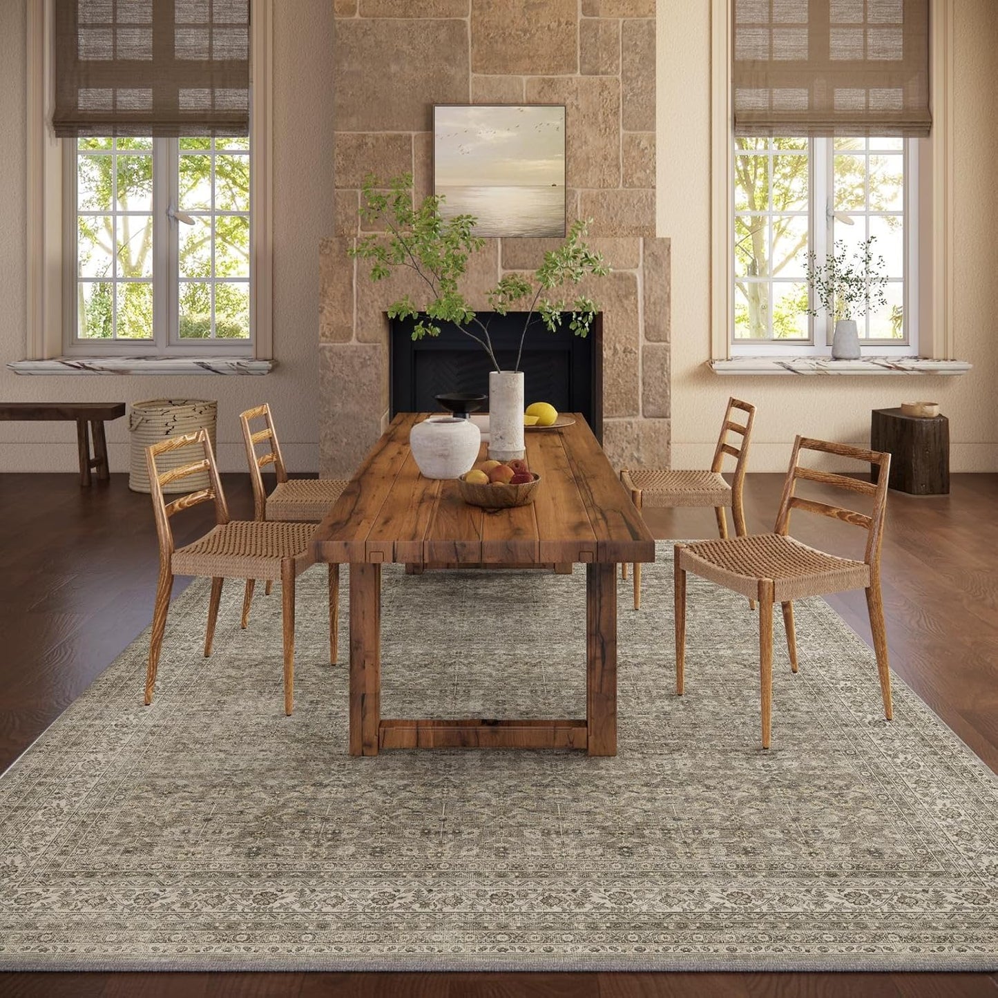 Washable Area Rugs for Living Room: 8x10 Bedroom Area Rug Boho Vintage Rugs Stain Resistant Non Slip Low Pile Soft Lightweight Carpet for Kitchen Dining Room Farmhouse Nursery Kids Room