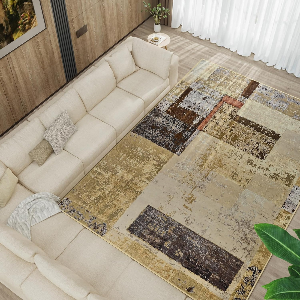 LOCHAS Rug for Living Room, Washable Soft Area Rugs for Bedroom 8x10, Abstract Carpet for Indoor Office Kids Dining Room Nursery Floor, Khaki Geometric Vintage Home Decor, Non Slip, Pet Child Friendly