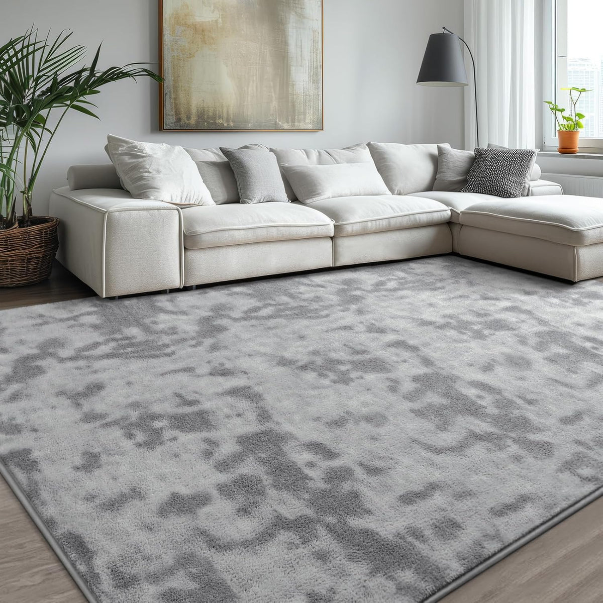 Kimicole 6x9 Washable Area Rugs for Living Room Bedroom, Large Low Pile Ulta-Thin Solid Color Rug, Non-Slip Soft Fluffy Carpet for Nursery Kids Room Dorm Room Home Decor (Light Grey)