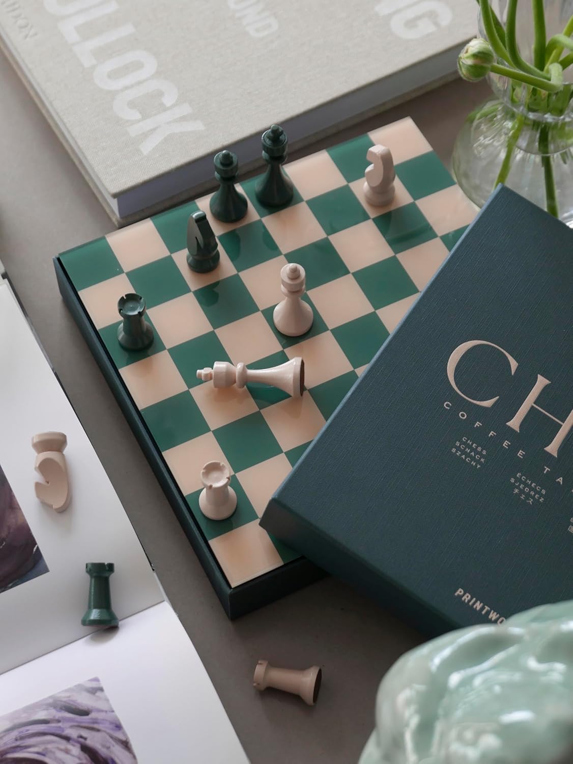 Classic Chess – Green Wooden Chess Set with Acrylic Board – Stylish Coffee Table Game for Adults & Kids Ages 5+ – Multilingual Instructions Included