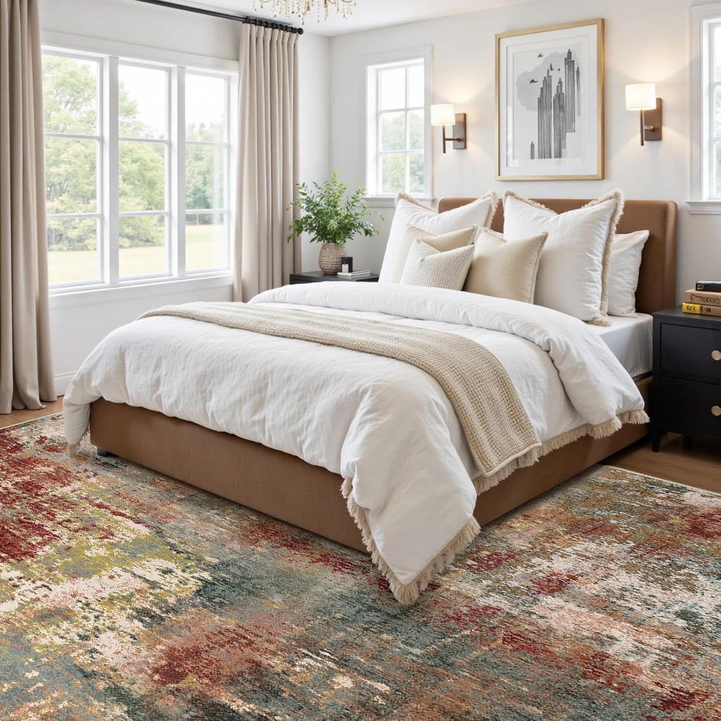 Washable Area Rugs 9'x12' Non-Slip Modern Abstract Soft for Living Room Entryway Bedroom Nursery, Print Pattern, Brown Rust Red Multi