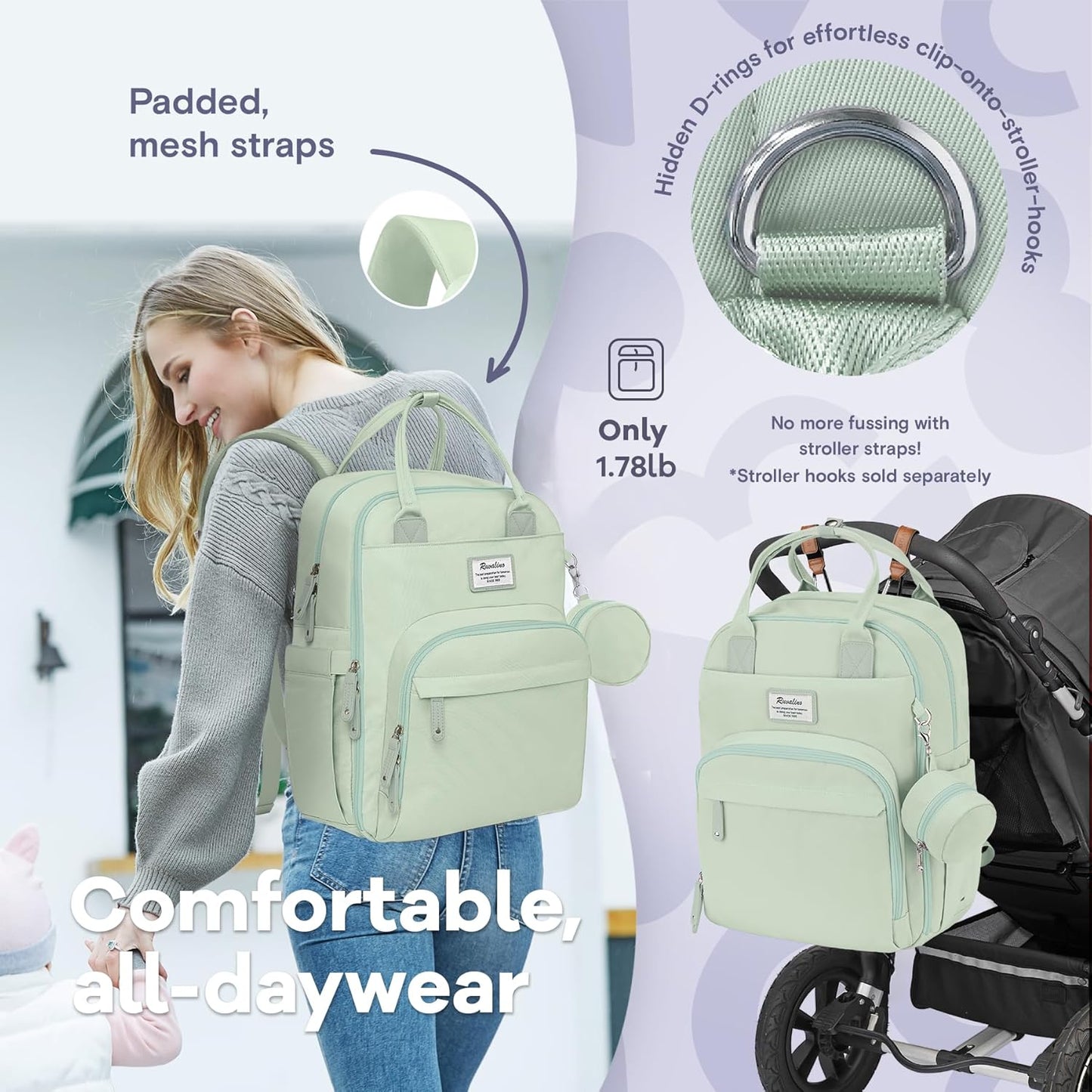 RUVALINO Diaper Bag Backpack-Multifunction Baby Travel Bag with Changing pad, Insulated Bottle Holders & Pacifier Case, Large Capacity, Waterproof, Mint Green