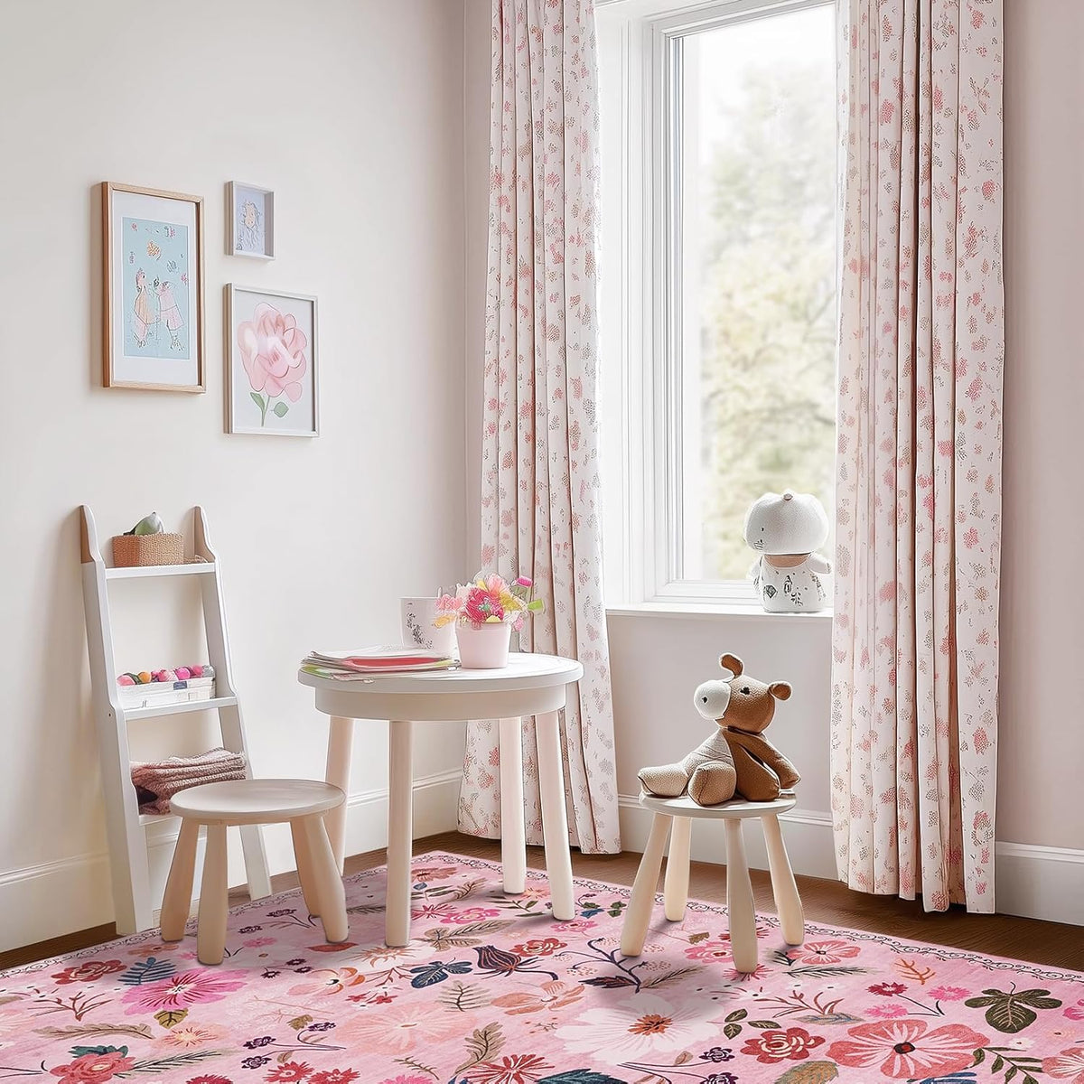 Nursery Rug for Baby Girl 4x6 Machine Washable Boho Floral Area Rugs Non Slip Low Pile Stain Resistant Pink Cute Rugs for Living Room Bedroom Dining Room Kids Room Farmhouse Family Room Office Patio