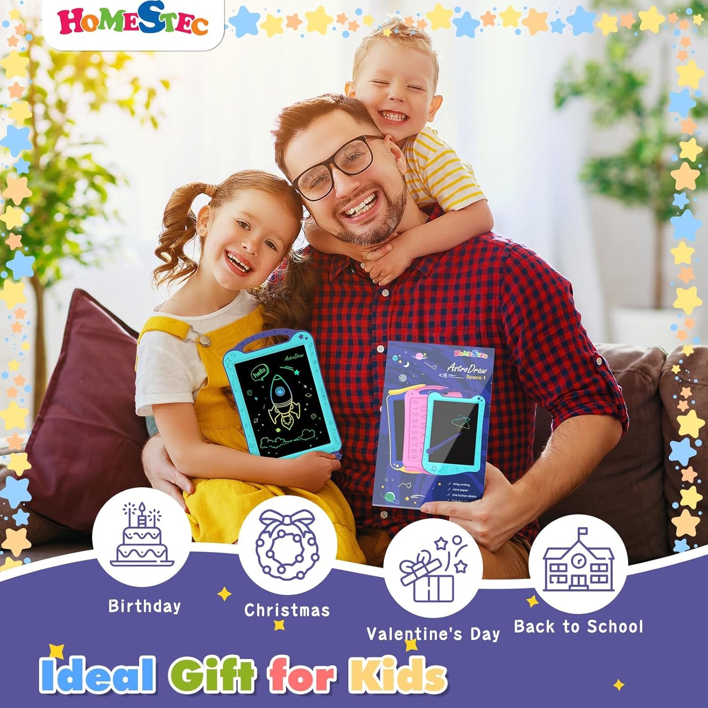 [ClimatePartner Certified] HOMESTEC Astrodraw Drawing Pad, Colorful LCD Writing Tablet for Kids, Doodle Board for Toddlers 3 4 5 6 Years Old, Travel Toy Birthday Gift for Boys Girls (Aqua/Purple)