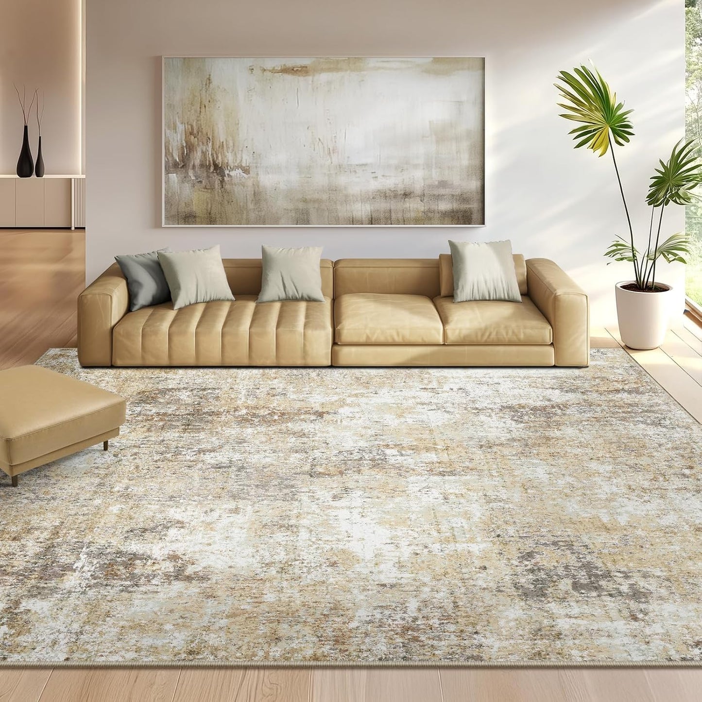 Washable Area Rugs 8'x10' Non-Slip Modern Abstract Soft for Living Room Entryway Bedroom Nursery, Print Pattern, Neutral Brown Gray