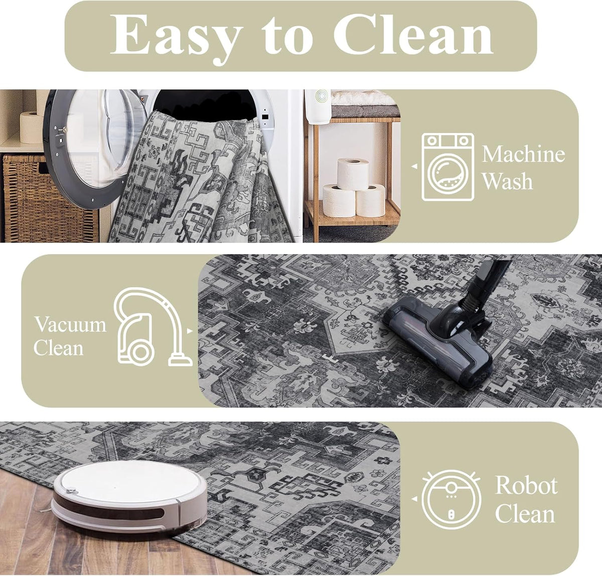 Washable Area Rugs 8x10, Large Rugs for Living Room, Carpet for Bedroom, Soft Faux Wool Retro Dining Room Rug, Non-Slip Backing Resistant Low Pile Vintage Print Rug for Home Office (Medium Gray)