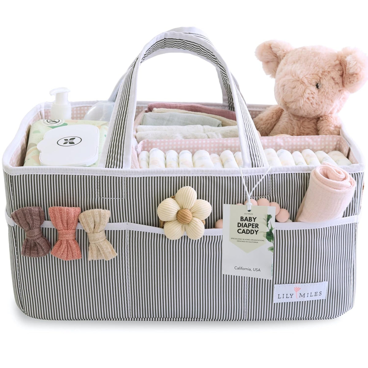 Lily Miles Baby Diaper Caddy Organizer, Girl Nursery Storage Basket with 8 Pockets, Baby Organizer and Storage, Easy-to-Clean Fabric, Large, Pink Blush