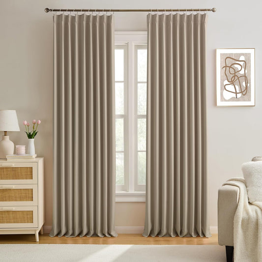 KEQIAOSUOCAI 60 Wide Pinch Pleated Window Curtain Panels 105 Inches Long Custom Made Pleated Curtains Hooks Track Privacy Memory Shape Drape for Living Room,Khaki, Set of 2=120 Inch Wide