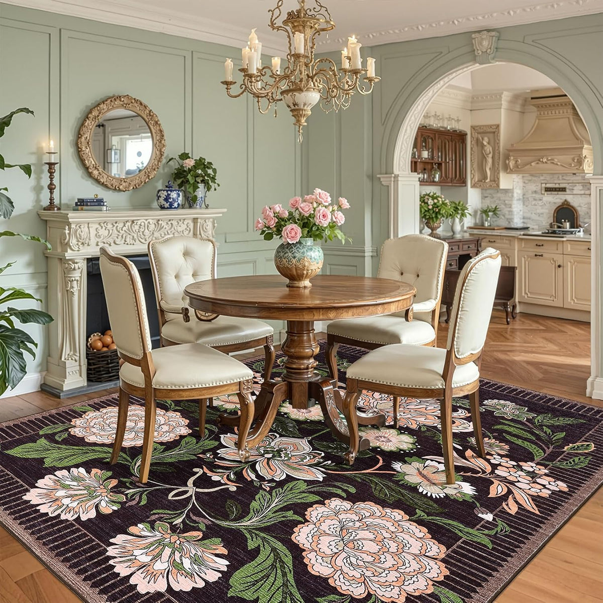 GarveeHome Plum Pink Floral Botanical Washable 8x10 Area Rug for Living Room Soft Black Purple Vintage Boho Cottage Large Rugs Low Pile Carpet for Bedroom Dining Nursery Rug