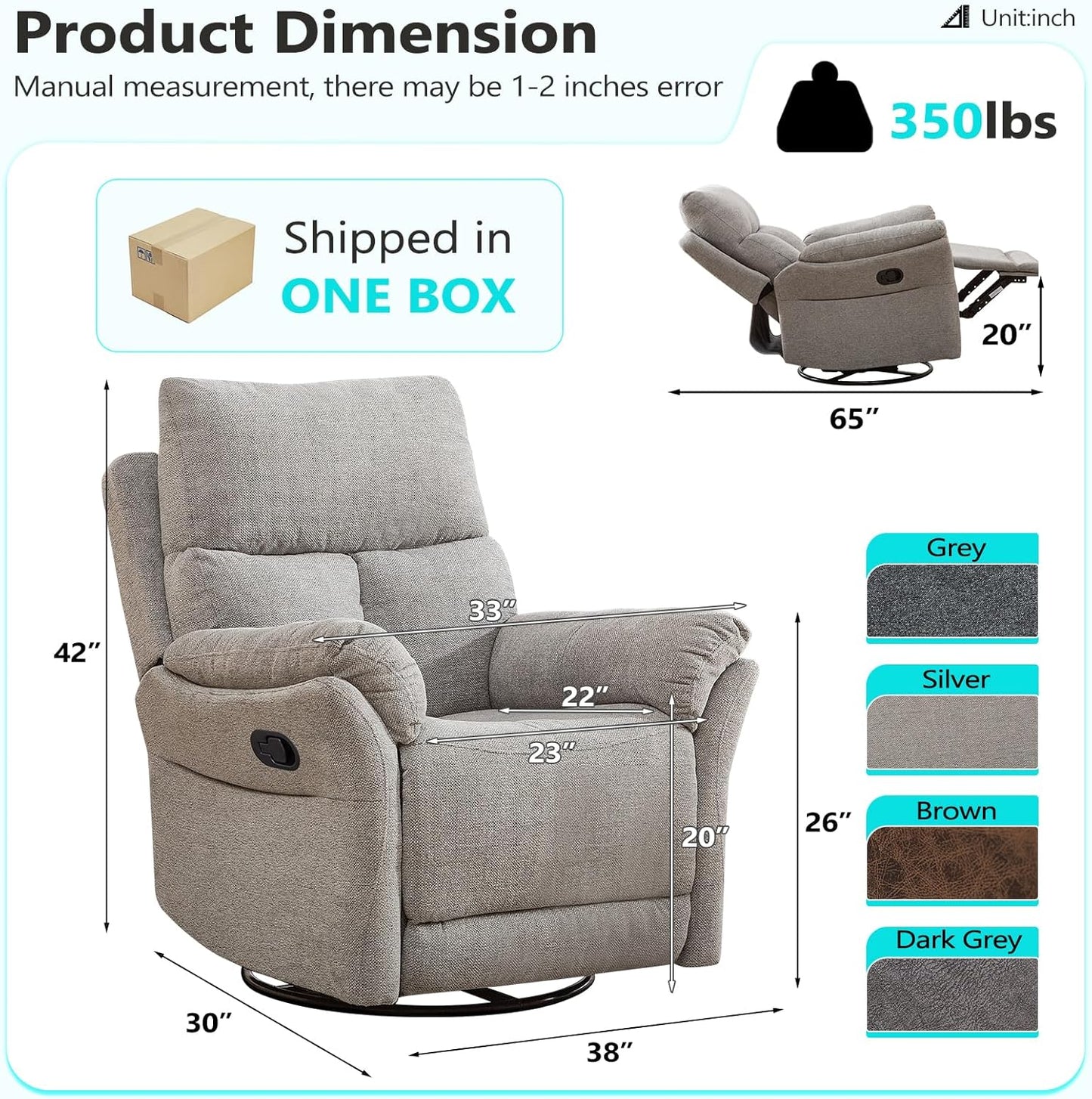 ANJ Manual Fabric Recliner Chair Set of 2, Swivel Rocker Glider, Silver