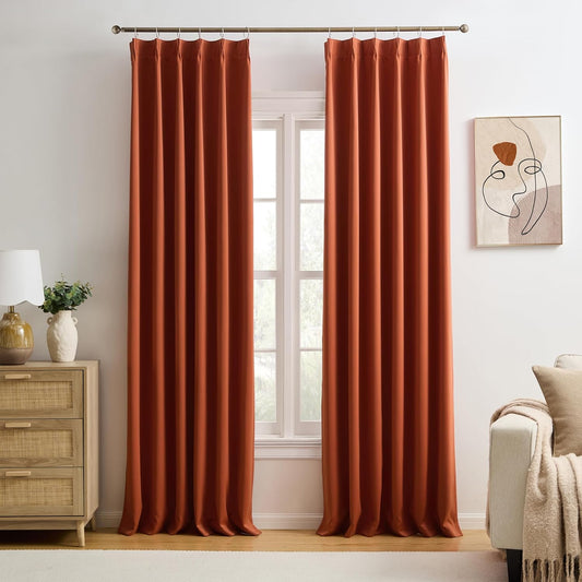 KEQIAOSUOCAI 96 Inch Copper Burnt Orange Blackout Curtains for Living Room 2 Panels Sets,Pinch Pleat with Hooks, Thermal Pleated Window Drapes Boho Rustic 70s Curtain for Bedroom W40 x L96