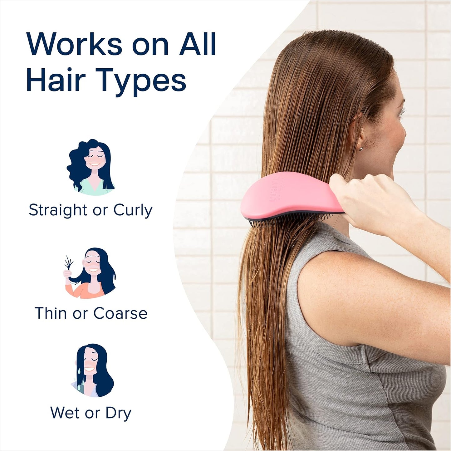 Crave Naturals Glide Thru Detangling Brush for Adults and Kids - Detangler Brush for Curly or Straight, Wet or Dry Hair - Gentle on Tangles Hair Comb - 7.5x3-Inch, Pink and Purple (Pack of 2)