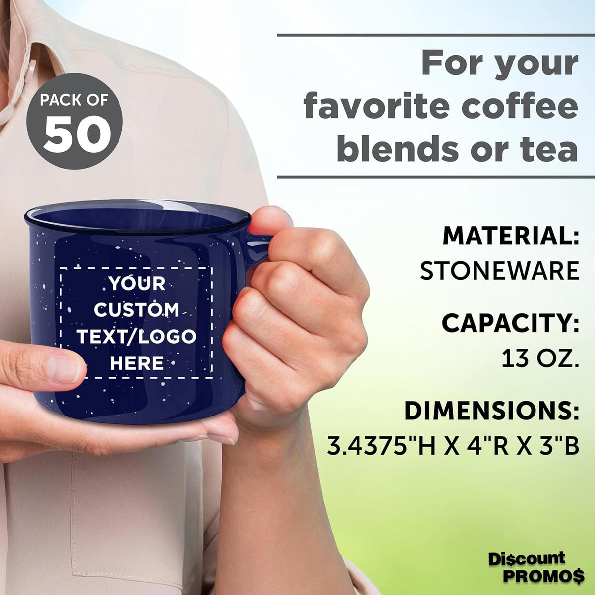 DISCOUNT PROMOS Custom Ceramic Campfire Coffee Mugs 13 oz. Set of 50, Personalized Bulk Pack - Perfect for Tea, Espresso, Cappuccino, Hot Cocoa - Blue