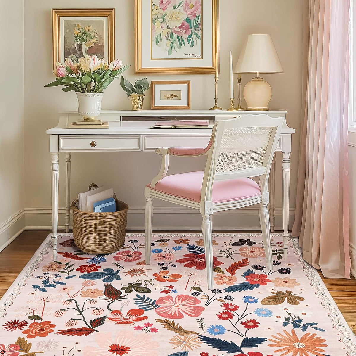 Boho Floral Area Rugs 5x7 Soft Washable Stain Resistant Indoor Floor Carpet Rug Vintage Beige Low Pile Non Slip Rug Spring Farmhouse for Living Room Bedroom Dining Room Playroom Nursery Family Room