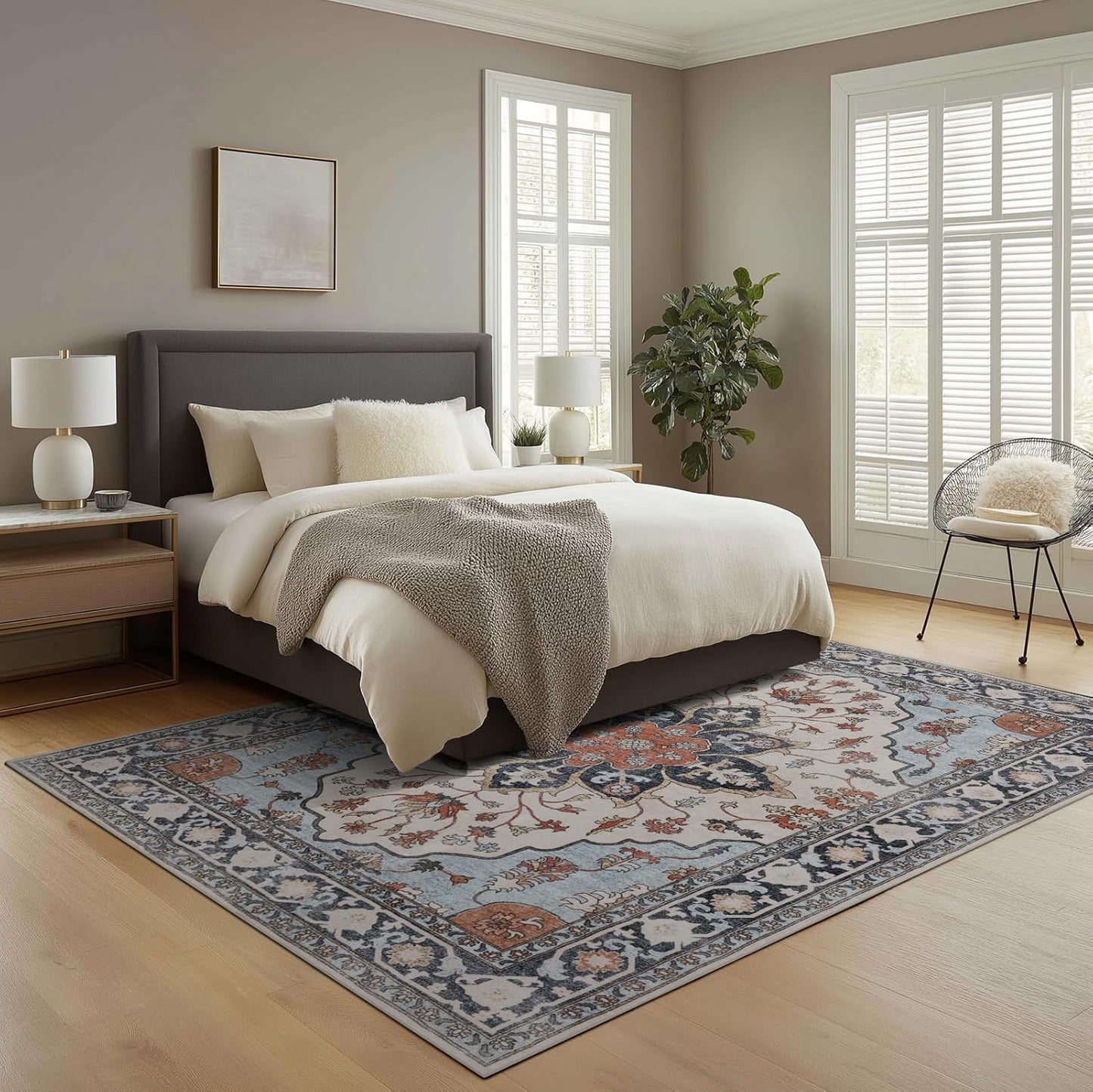 Washable 6x9 Area Rug for Living Room, Carpet for Bedroom Dining Room, Non Slip&Non-Shedding Resistant Low Pile Vintage Print Rug for Home Office (Blue/Gray)