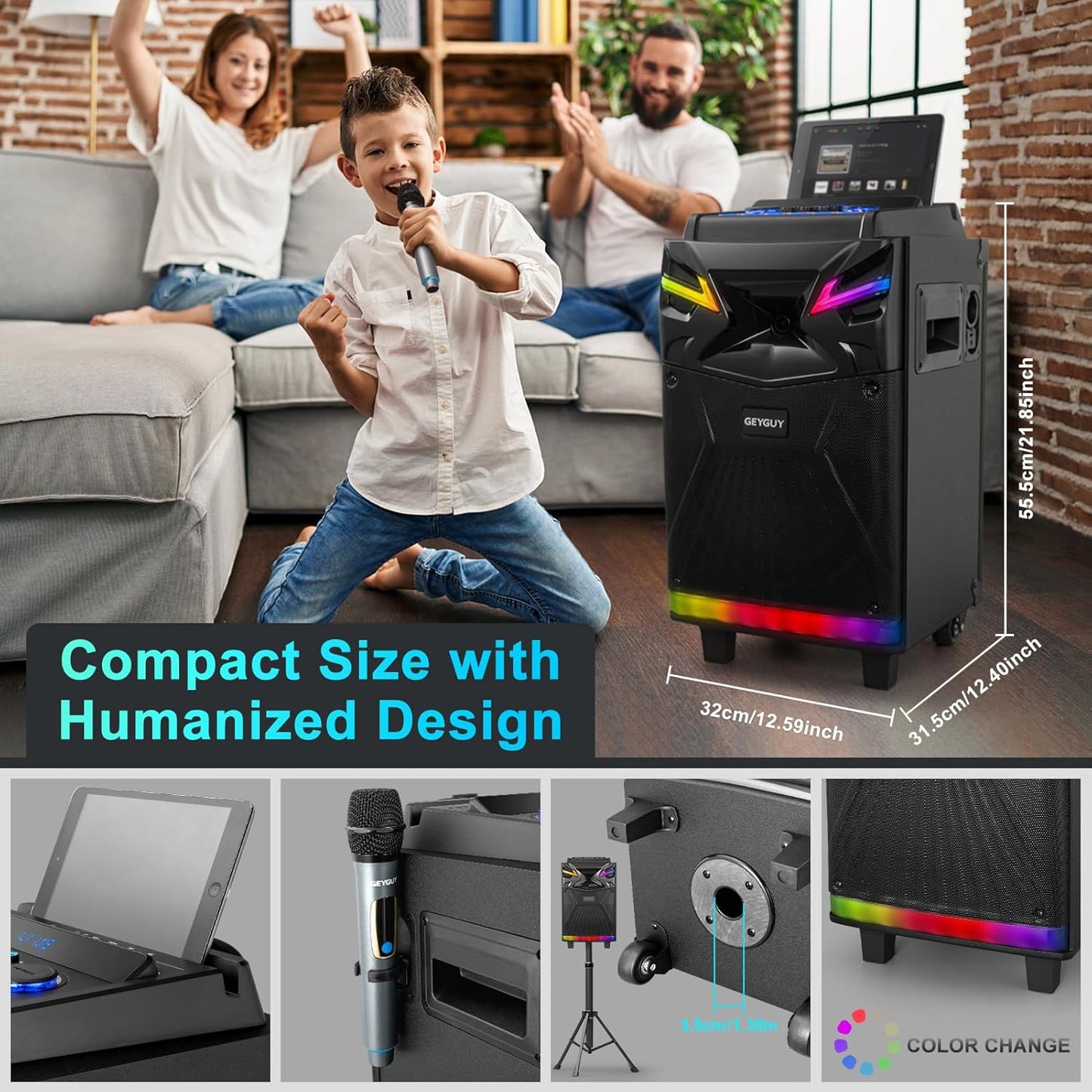 GTSK10‑1 Karaoke Machine with 2 Wireless Microphones for Adults – 10″ DSP Big Bluetooth Party Speaker with 600W Peak Power, Live Streaming & Voice Monitoring, LED Lights, Rolling Wheels & Trolley