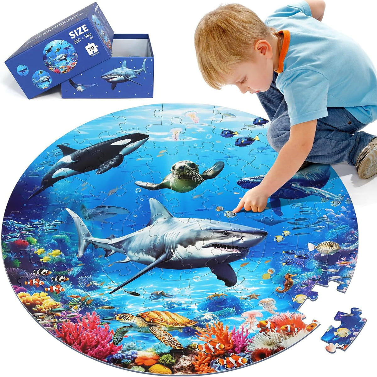 Underwater Ocean Floor Puzzle for Kids Ages 4-6, Shark Toys for Boys Girls, 70 Pieces Large Jigsaw Shark Puzzles for Kids Ages 3-8, Educational Ocean Animals Toys for Birthday Christmas