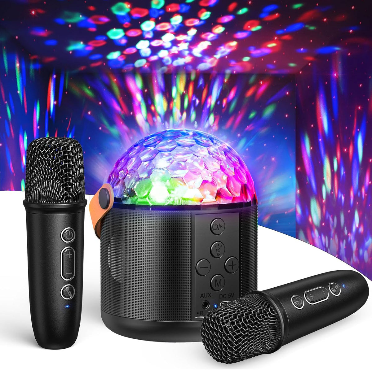 Karaoke Machine with Disco LED Lights for Adults Kids, Portable Bluetooth Speaker with 2 Wireless Microphone Toys Gifts for Girls Boys Birthday Family Home Party