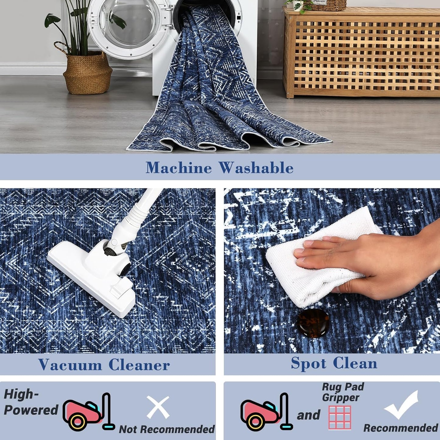 COZYLOOM Washable Area Rugs 10x13 Vintage Non Slip Low Pile Rug Soft Throw Floor Cover Geometric Tribal Foldable Indoor Carpet for Living Room Bedroom Playroom Nursery, Blue