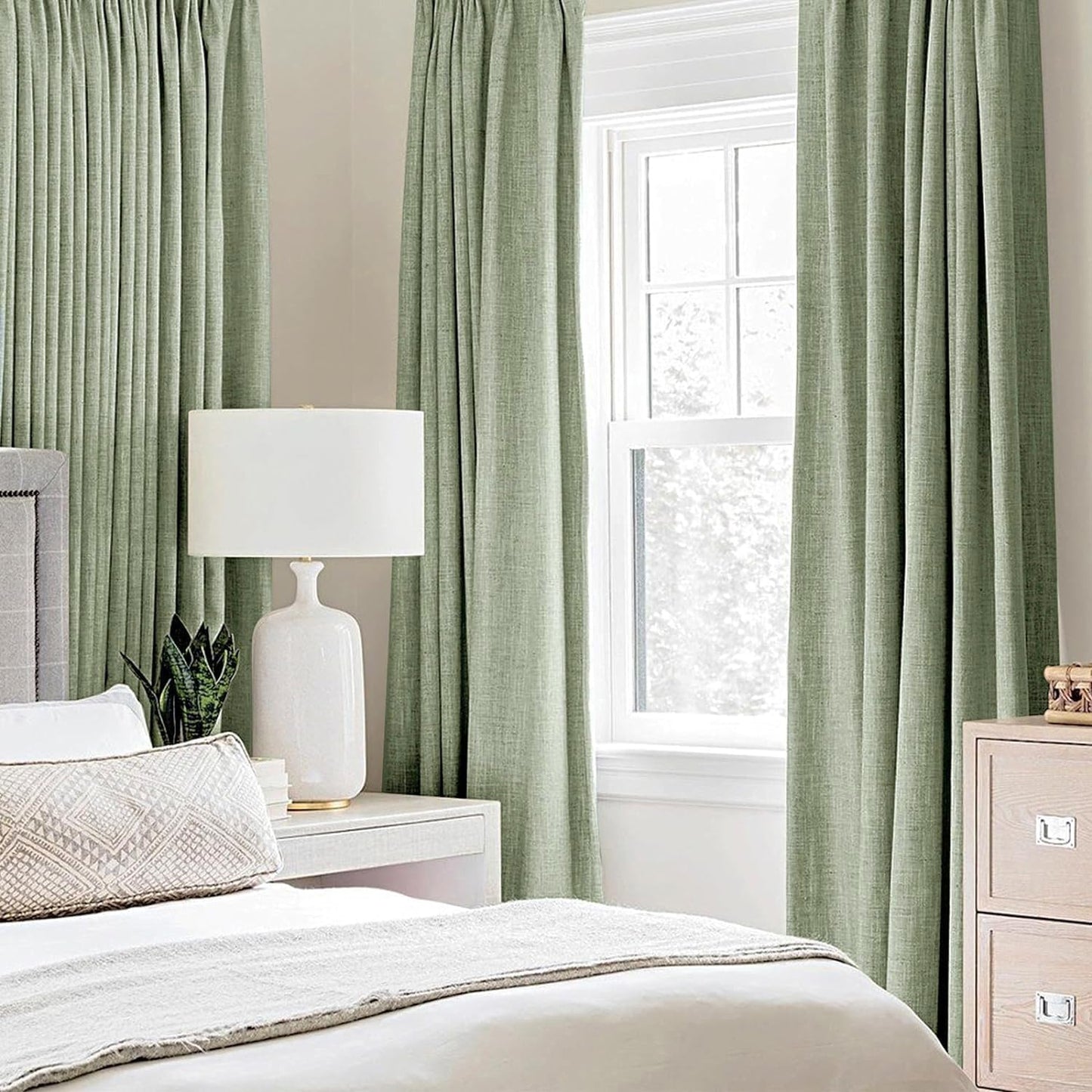 MIULEE Linen Texture Curtains for Bedroom Solid 100% Blackout Thermal Insulated Sage Green Curtains Grommet Room Darkening Drapes for Living Room Nursery 52x96 Inch (2 Panels)