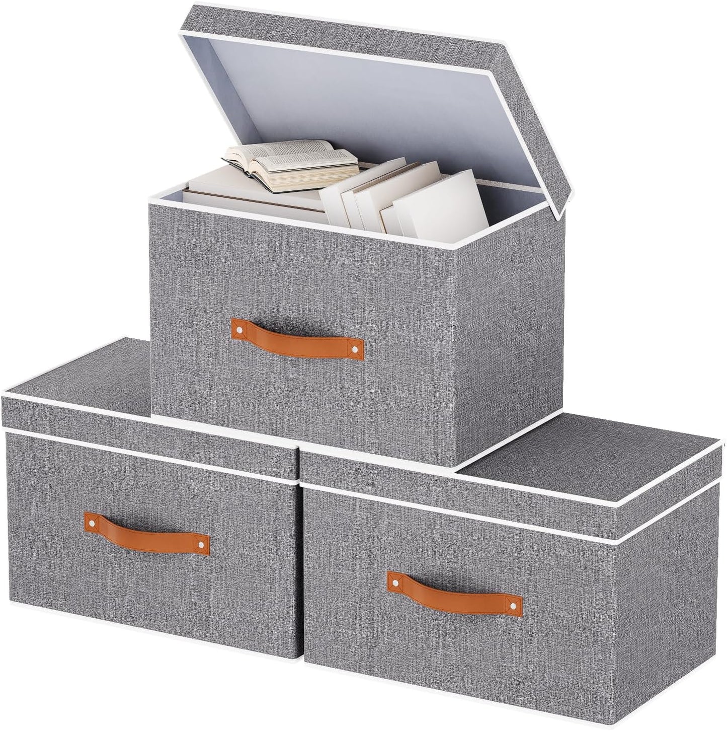 Fabric Storage Bins with Lids, Linen Foldable Clothes Boxes, Closet Organizer Containers with Double Handles, Baskets for Bedroom, Grey, 3 Pack, 13 x 9.1 x 7.9 Inch