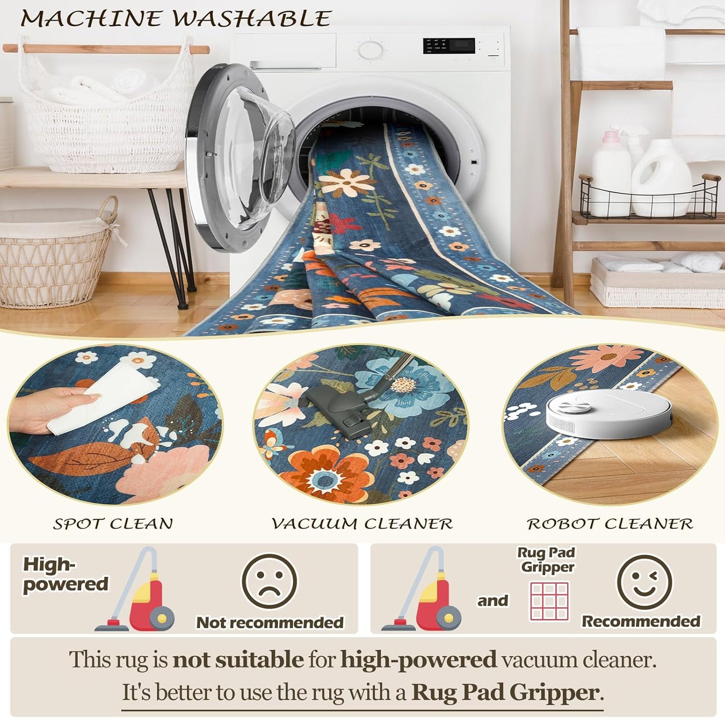 Floral 8x10 Area Rug Machine Washable Soft Print Boho Carpet Non Slip Doormat Low Pile Flower Area Rugs for Living Room Bedroom Nursery Kitchen Dining Room Indoor-Blue/Grey