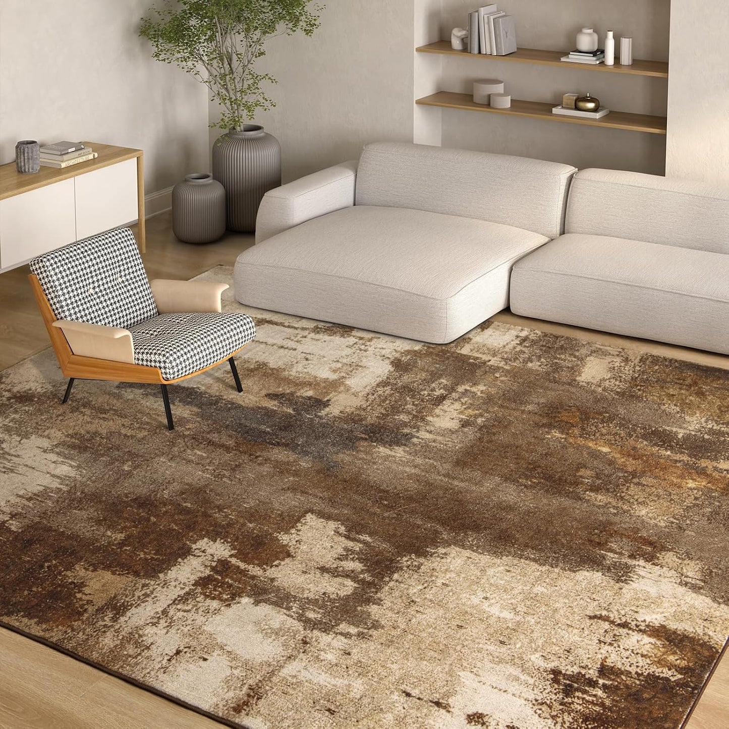 Kelarea Living Room Rug, 8x10 Rug Modern Abstract Washable Rugs Brown Faux Wool Vintage Carpet, Non Slip Rugs for Bedroom, Dining Room, College Dorm, Kids Playroom, Home Office