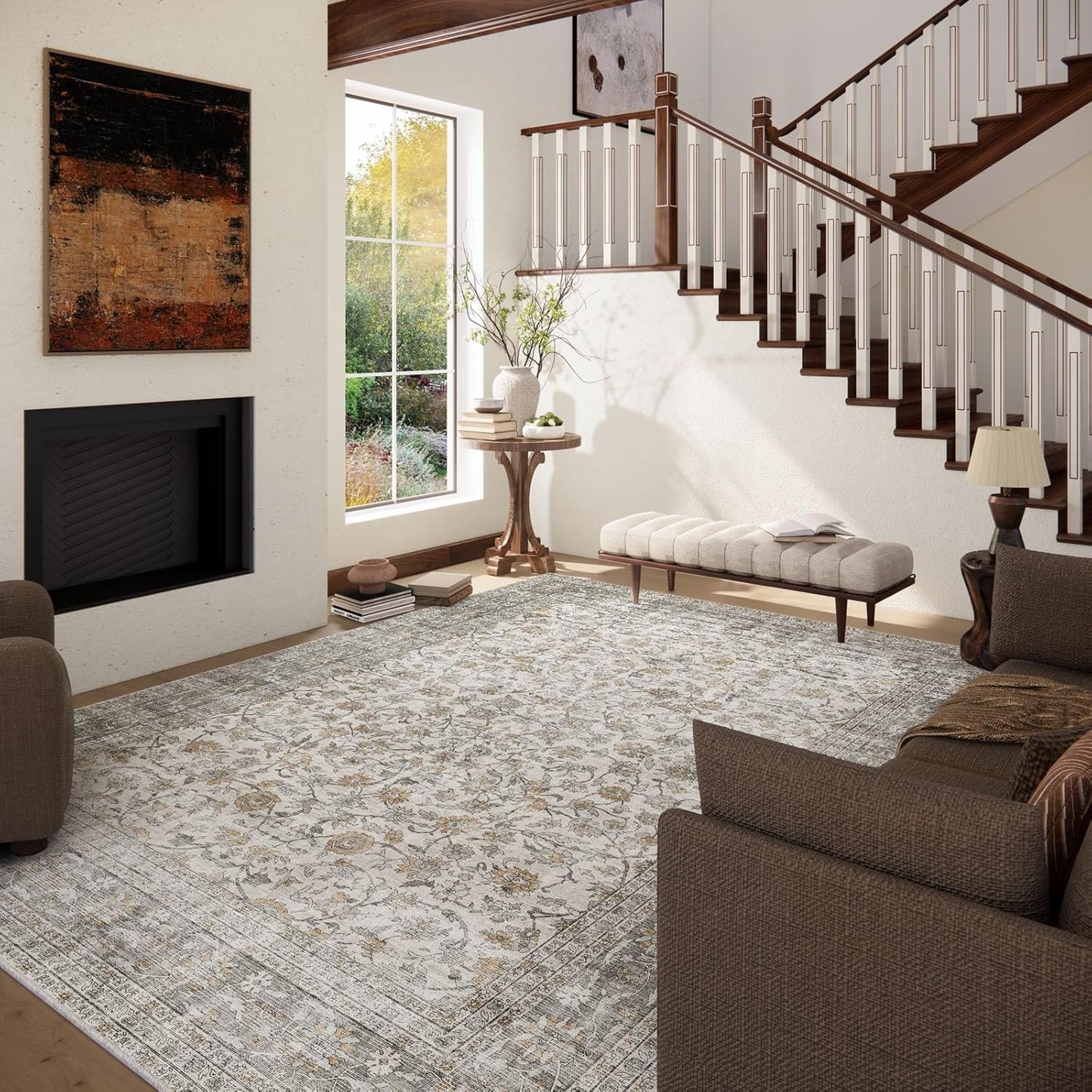 Machine Washable Rugs for Living Room: 8x10 Area Rugs for Bedroom Vintage Stain Resistant Non Slip Low Pile Soft Boho Carpet for Kitchen Dining Room Farmhouse Kids Room Nursery